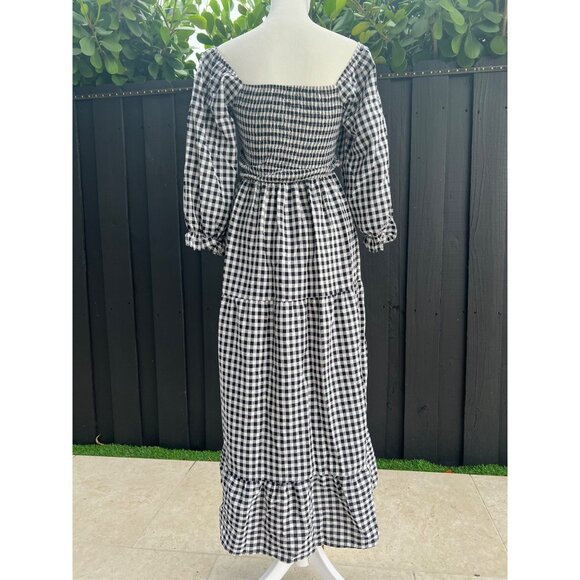 Plaid Gingham Cottage Maxi Dress black Voile Prairie Core Corset Romantic S/M - Picture 5 of 5
